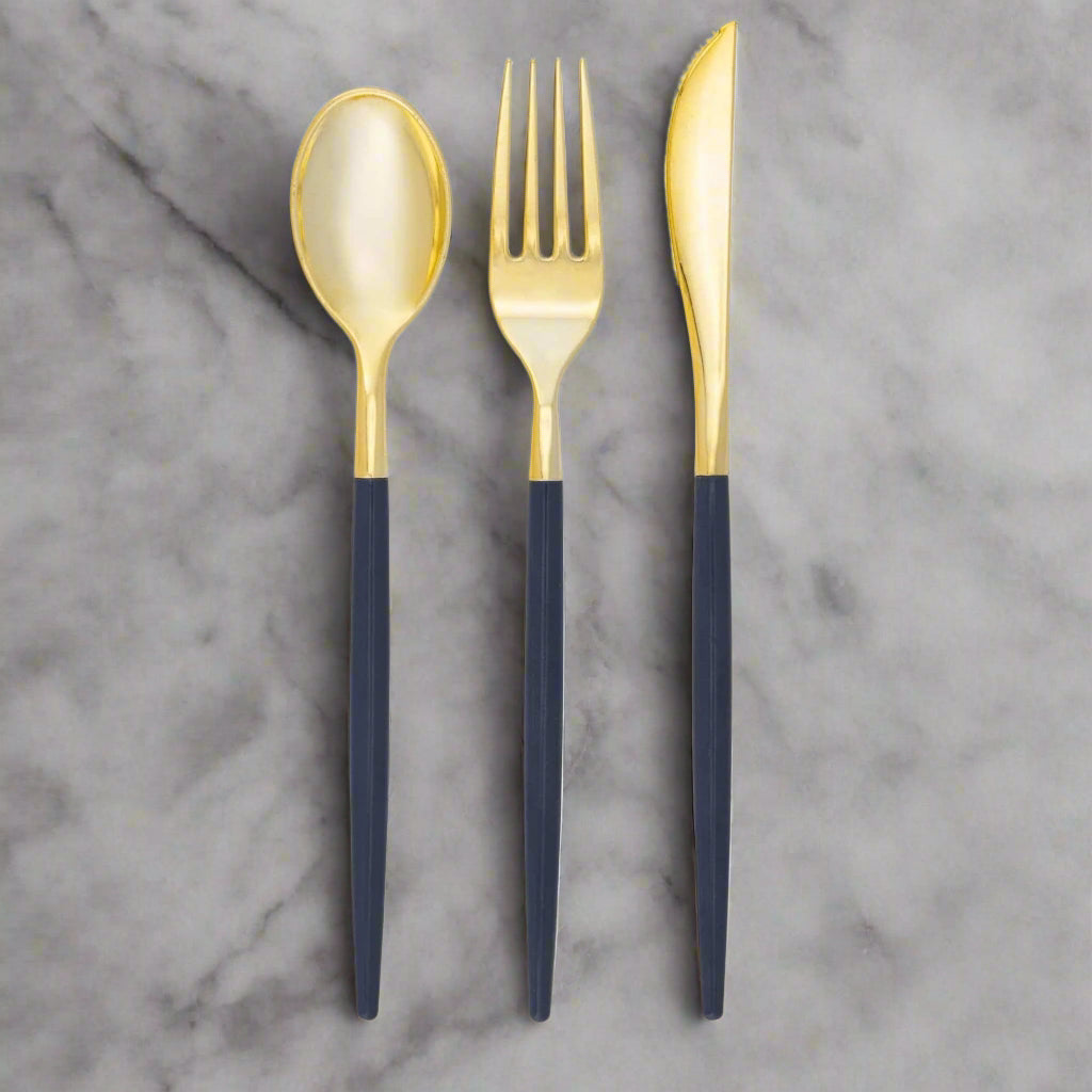 Gold & Navy Plastic Cutlery Set