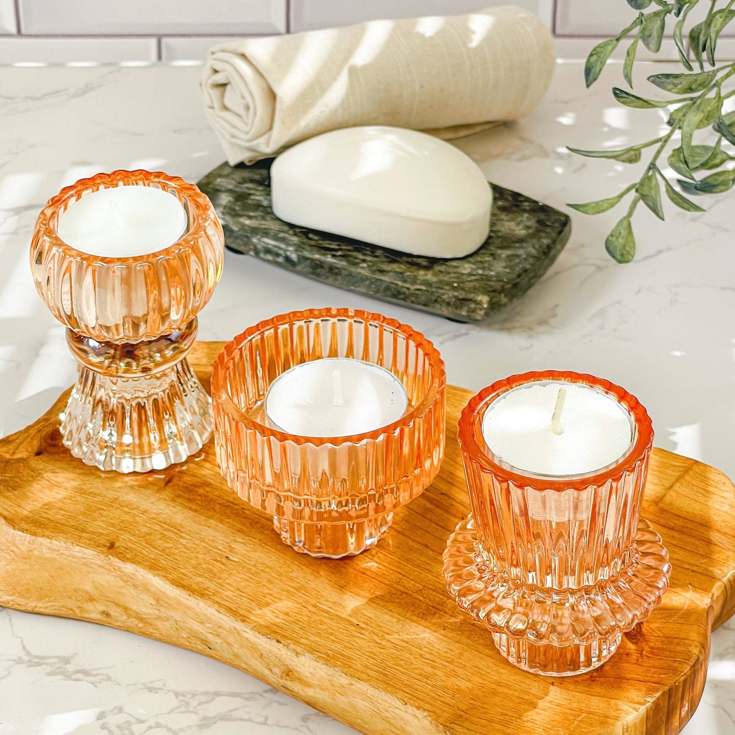 Vintage Glass Rose Gold Candle Holders Set