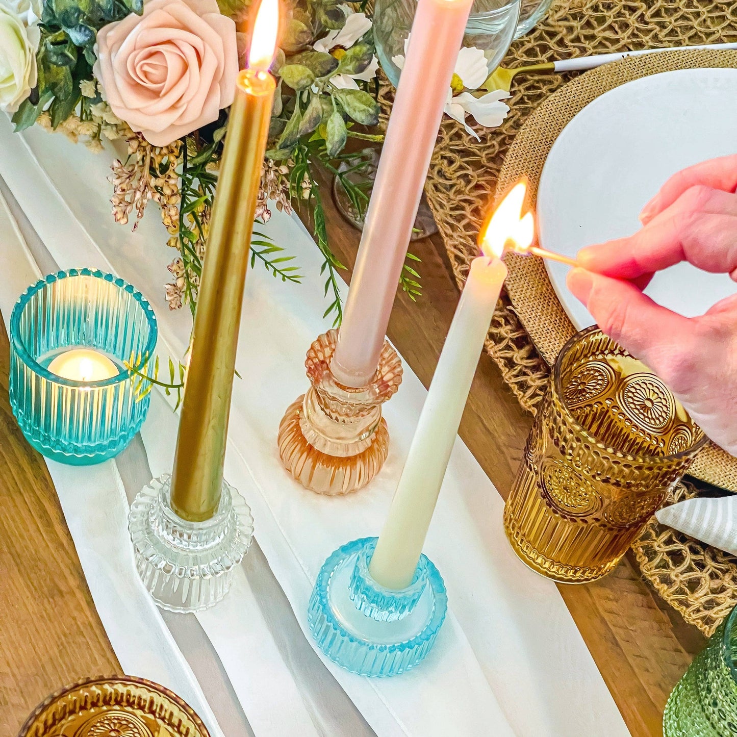 Vintage Glass Rose Gold Candle Holders Set