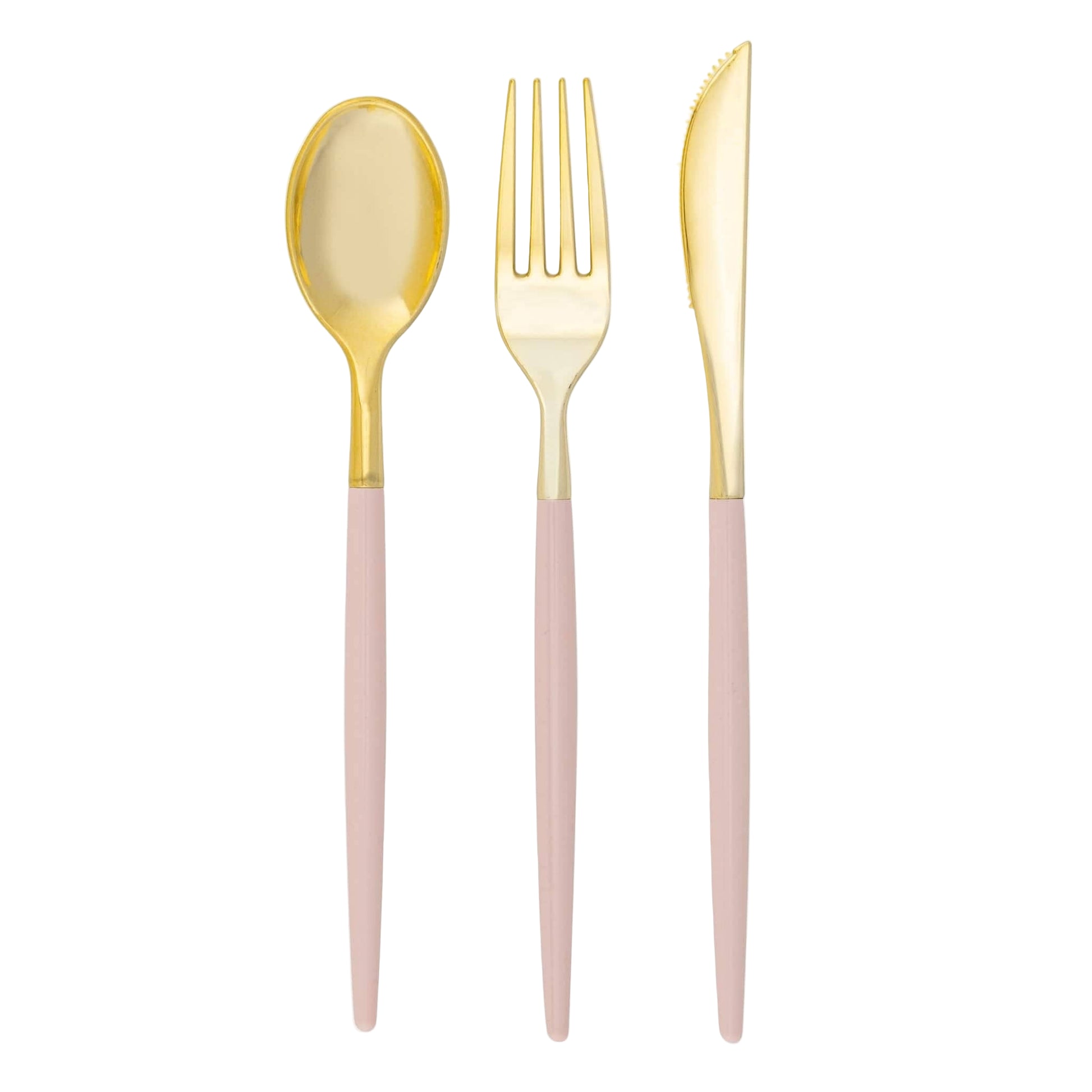 Gold and pink cutlery set with 'Luxe Party' branding on a white background
