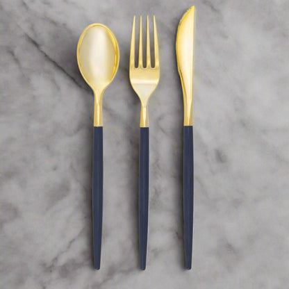 Gold & Navy Plastic Cutlery Set