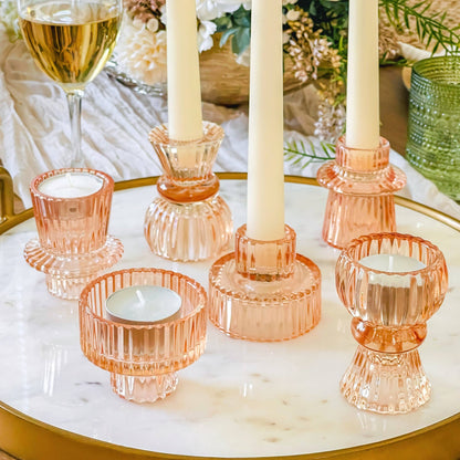 Vintage Glass Rose Gold Candle Holders Set