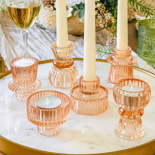 Vintage Glass Rose Gold Candle Holders Set