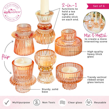 Vintage Glass Rose Gold Candle Holders Set